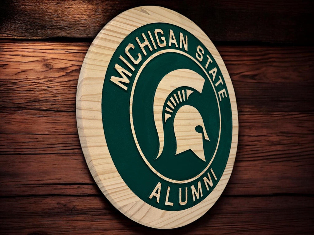 Hand Carved Michigan State Alumni Wood Sign: Spartan Helmet Wall Art