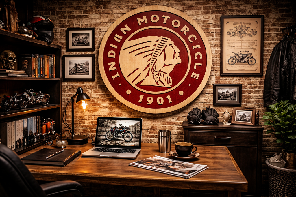 Indiana Motorcycle Wood Sign – Hand Carved Garage Wall Art