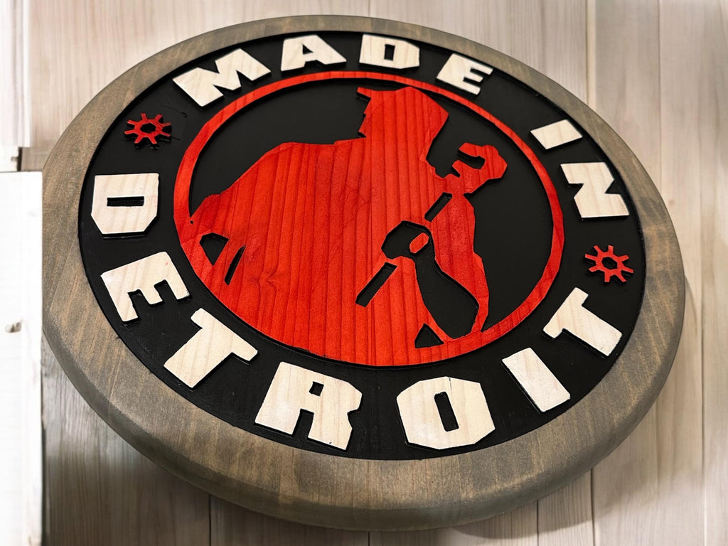 Made In Detroit Wood Sign – Hand-Carved Solid Wood Wall Art