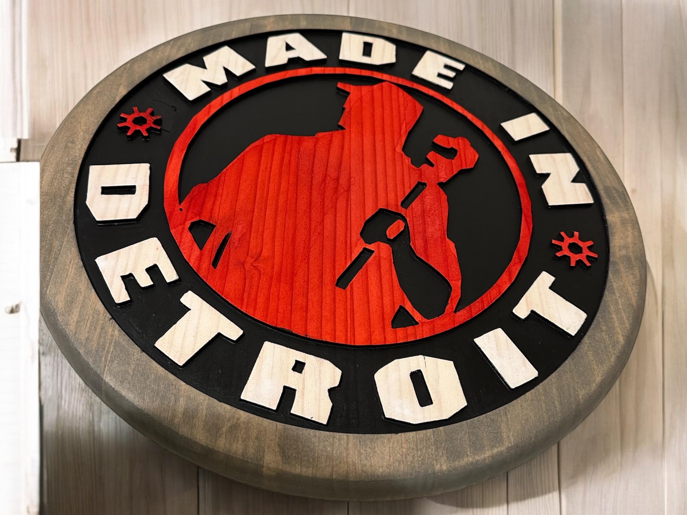 Made In Detroit Wood Sign – Hand-Carved Solid Wood Wall Art