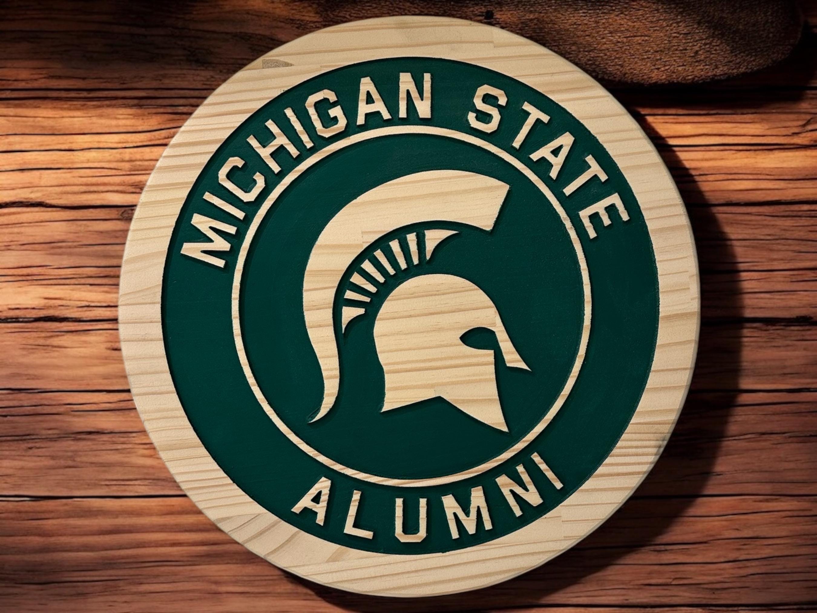 Hand Carved Michigan State Alumni Wood Sign: Spartan Helmet Wall Art