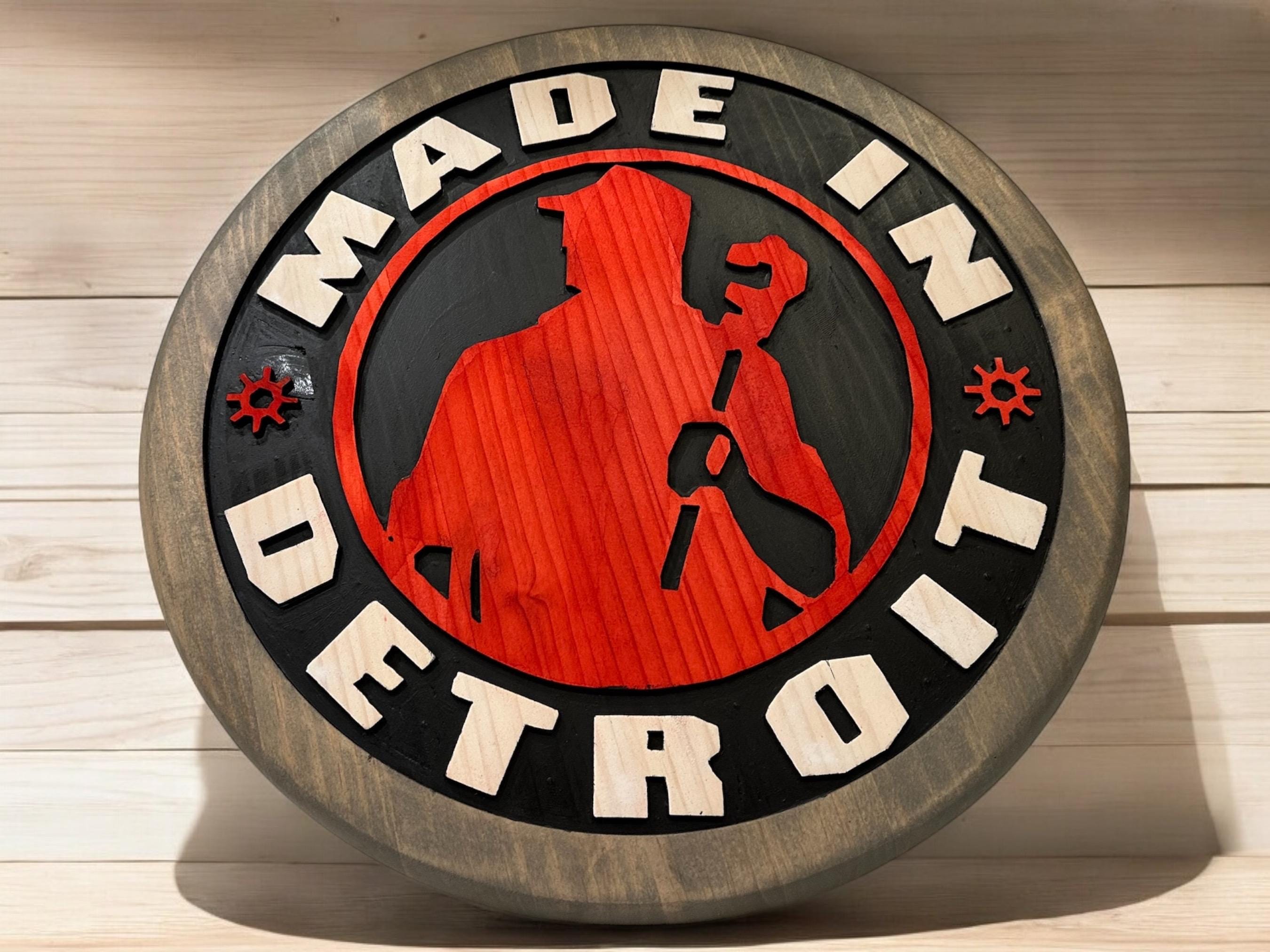 Made In Detroit Wood Sign – Hand-Carved Solid Wood Wall Art