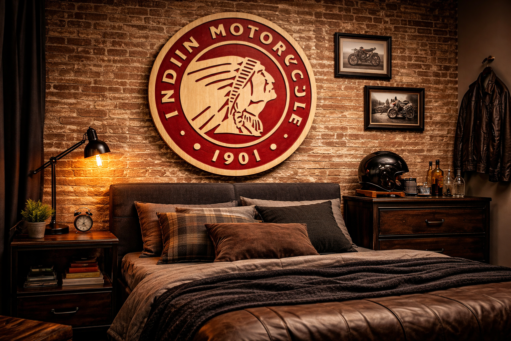 Indiana Motorcycle Wood Sign – Hand Carved Garage Wall Art