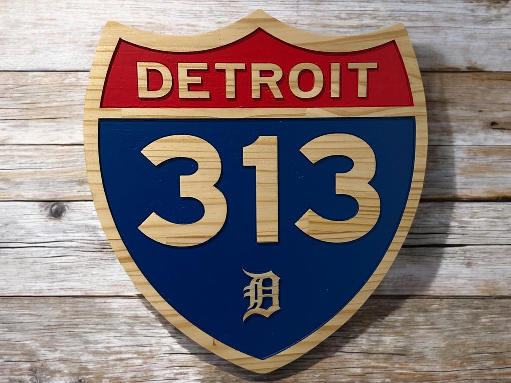 Detroit 313 Handcrafted Wooden Shield Sign – City Wall Decor