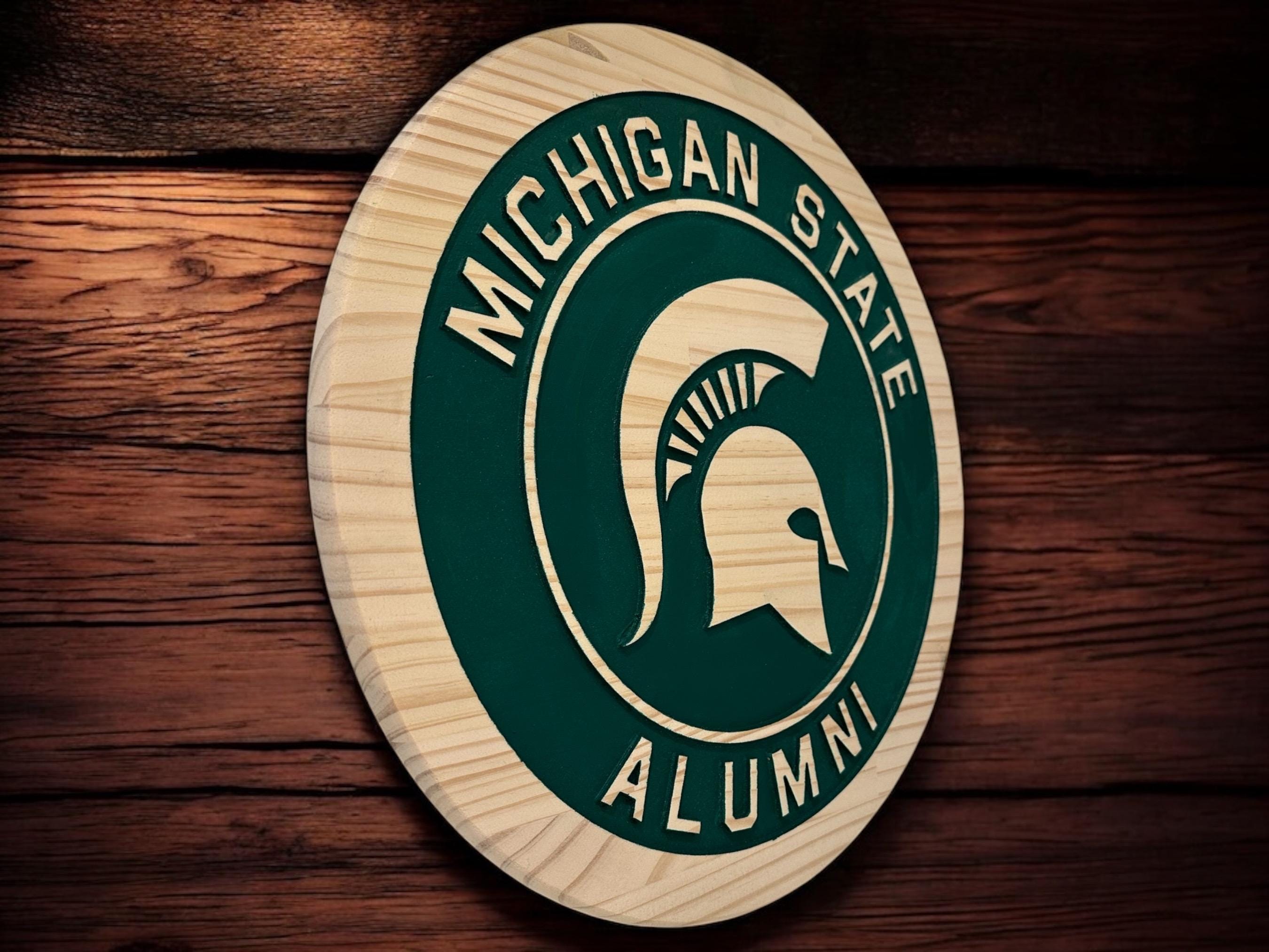 Hand Carved Michigan State Alumni Wood Sign: Spartan Helmet Wall Art