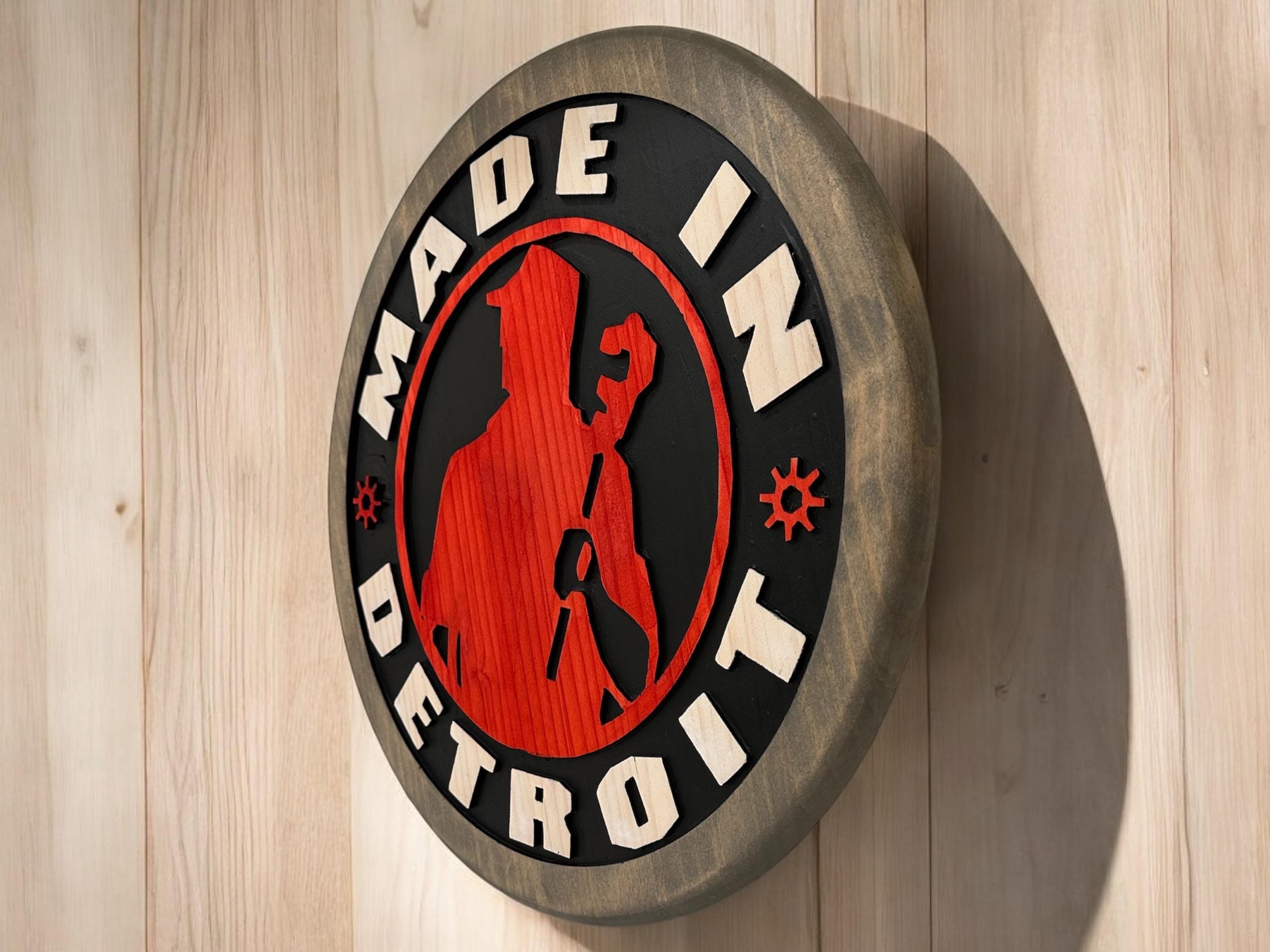 Made In Detroit Wood Sign – Hand-Carved Solid Wood Wall Art