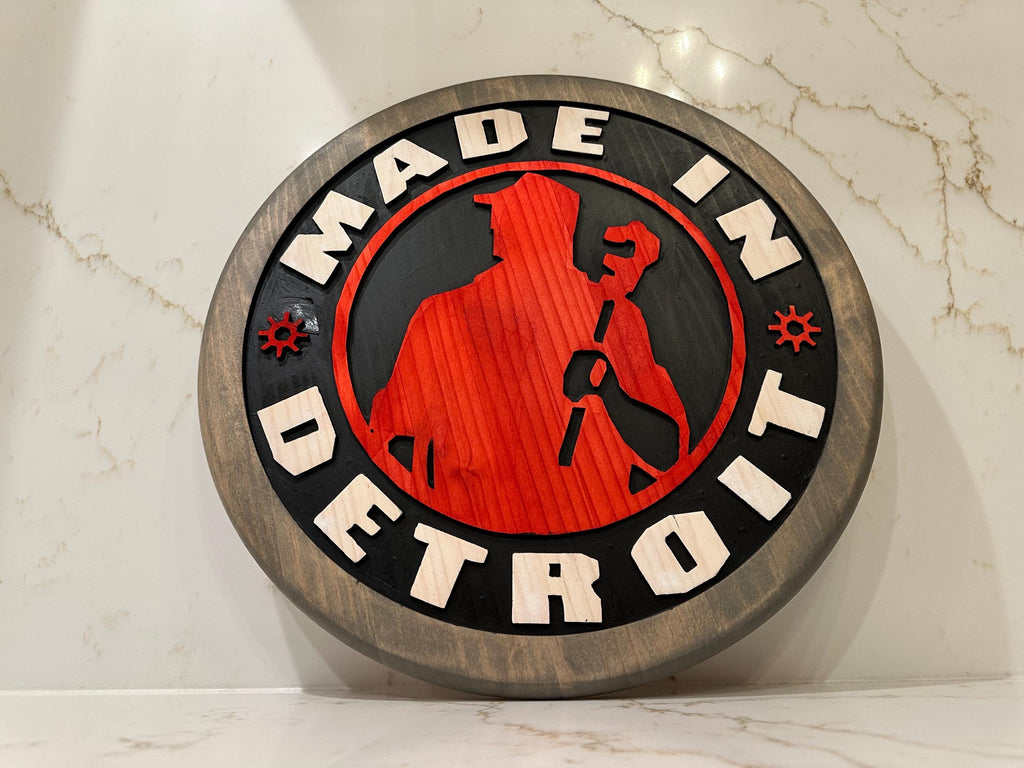 Made In Detroit Wood Sign – Hand-Carved Solid Wood Wall Art