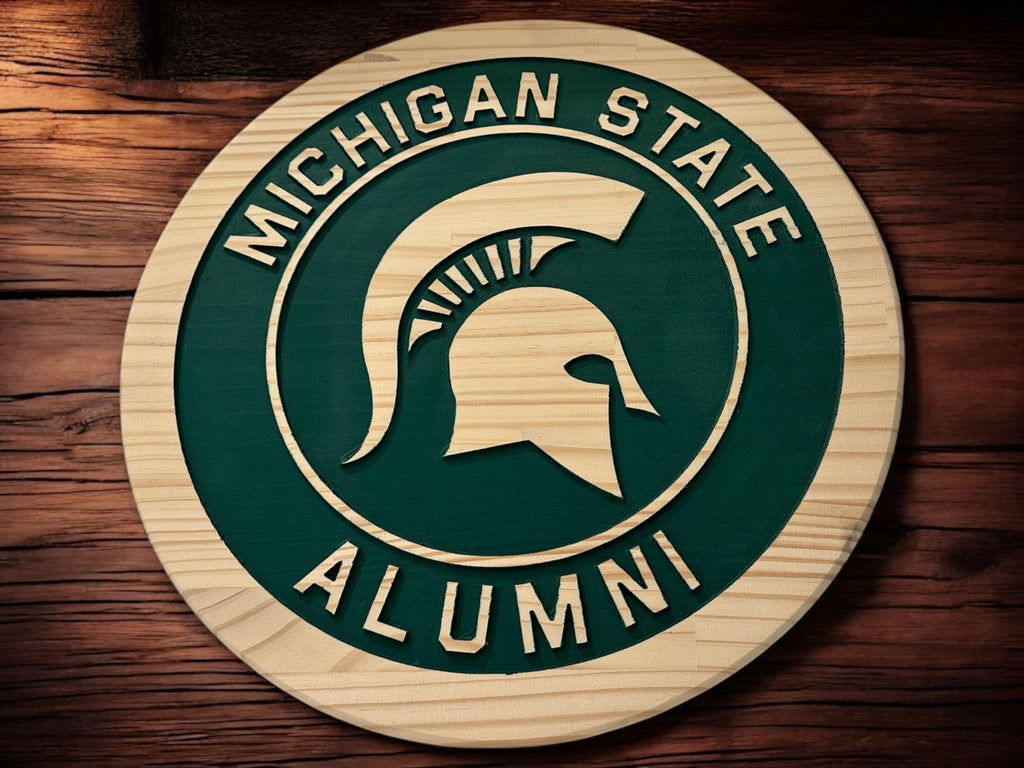 Hand Carved Michigan State Alumni Wood Sign: Spartan Helmet Wall Art