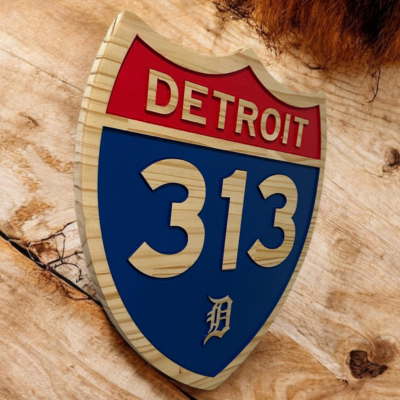 Detroit 313 Handcrafted Wooden Shield Sign – City Wall Decor