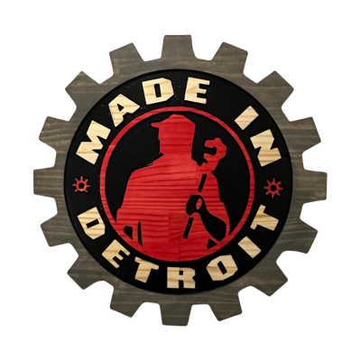 Made in Detroit Wooden Gear Sign – Handcrafted by Motorcity Design