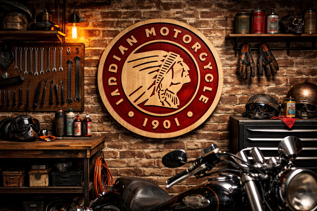 Indiana Motorcycle Wood Sign – Hand Carved Garage Wall Art