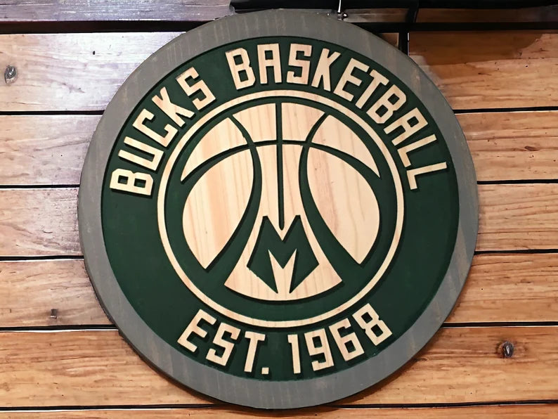 Handmade Milwaukee Bucks Wood Carved Sign