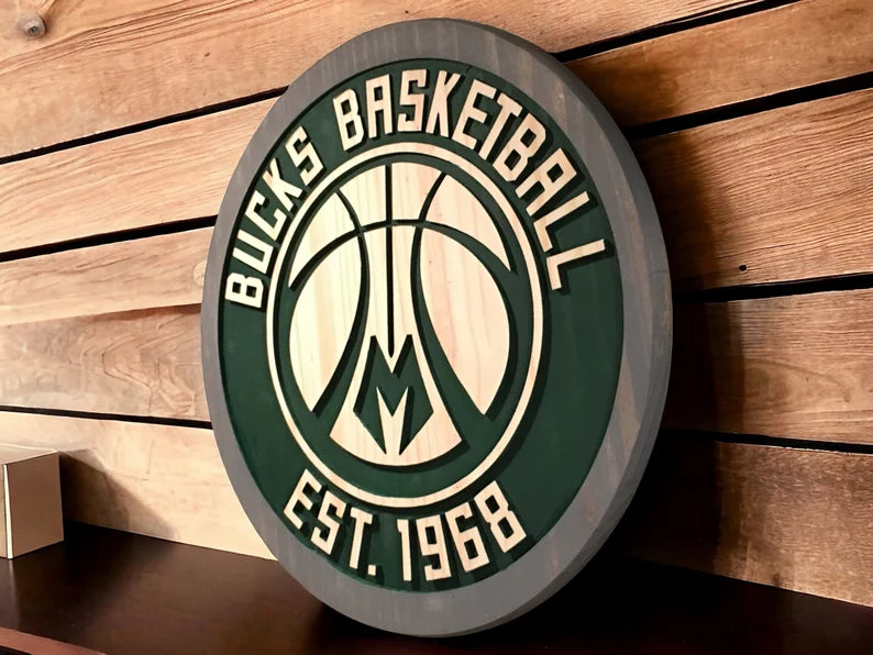 Handmade Milwaukee Bucks Wood Carved Sign