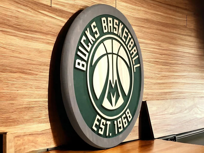 Handmade Milwaukee Bucks Wood Carved Sign