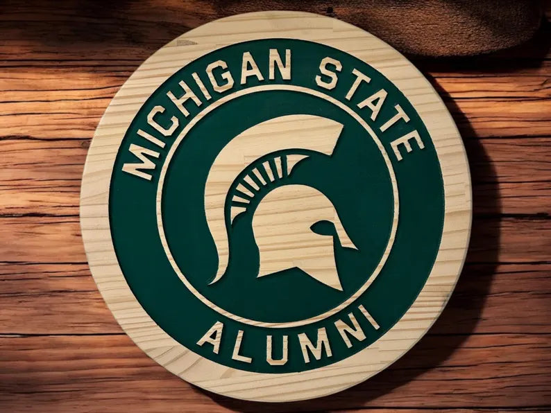 Hand Carved Michigan State Alumni Wood Sign: Spartan Helmet Wall Art