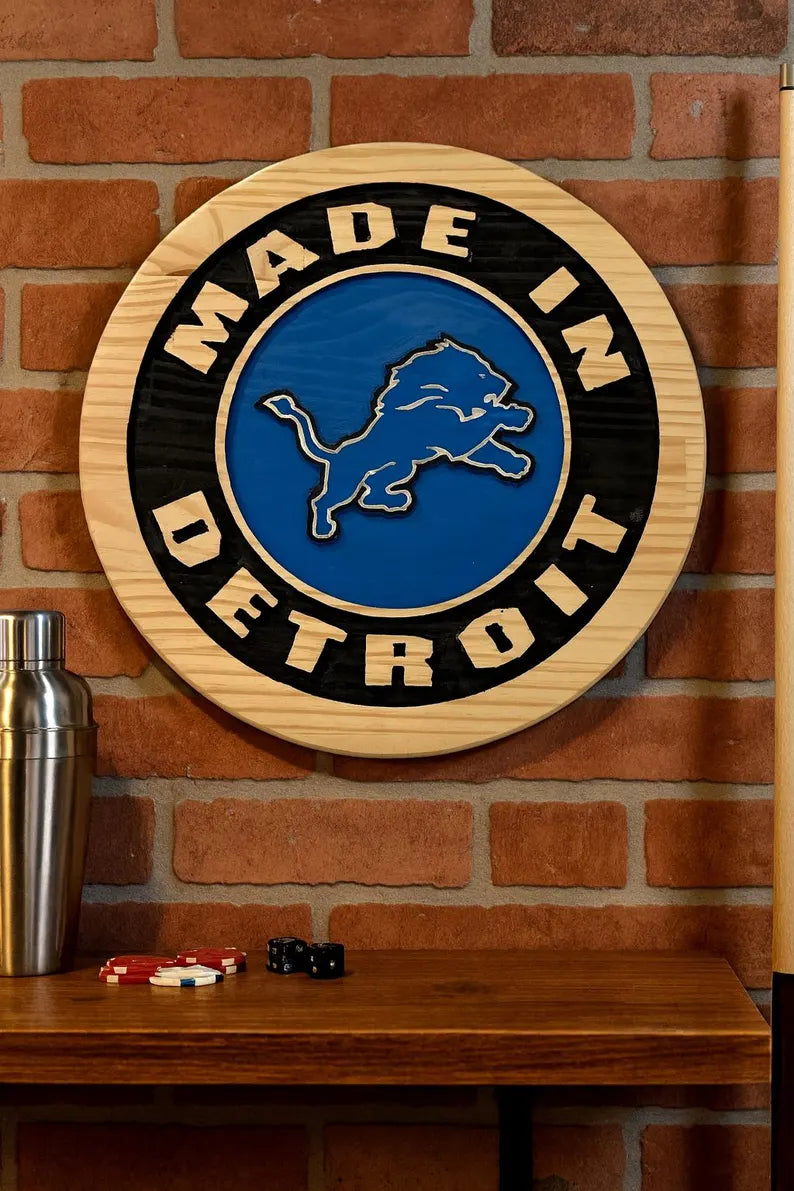 MADE IN DETROIT | Carved Wooden Wall Sign – Man Cave • Garage • Bar Decor