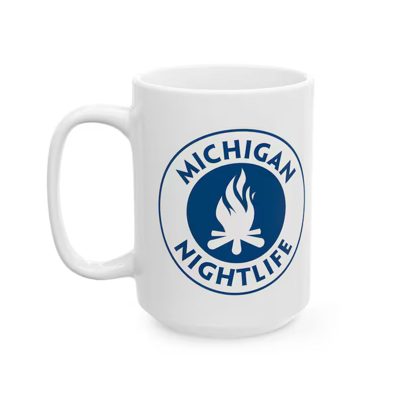 Michigan Nightlife Coffee Mug – Lake Michigan Campfire, Petoskey Gift, 15oz