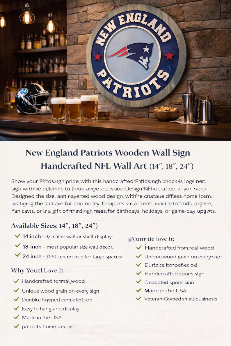 Handcrafted New England Patriots Wooden Wall Sign | NFL Fan Cave Decor