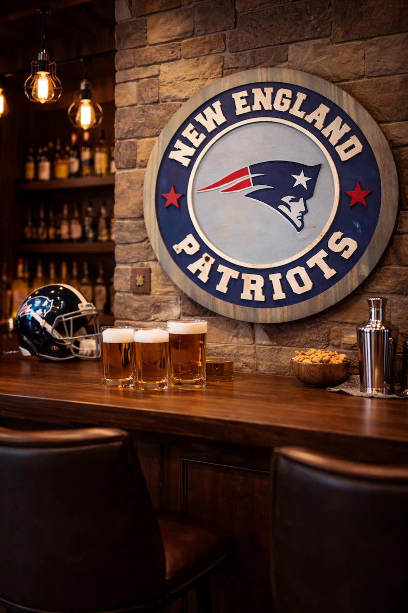 Handcrafted New England Patriots Wooden Wall Sign | NFL Fan Cave Decor