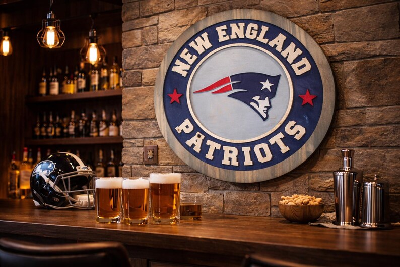 Handcrafted New England Patriots Wooden Wall Sign | NFL Fan Cave Decor