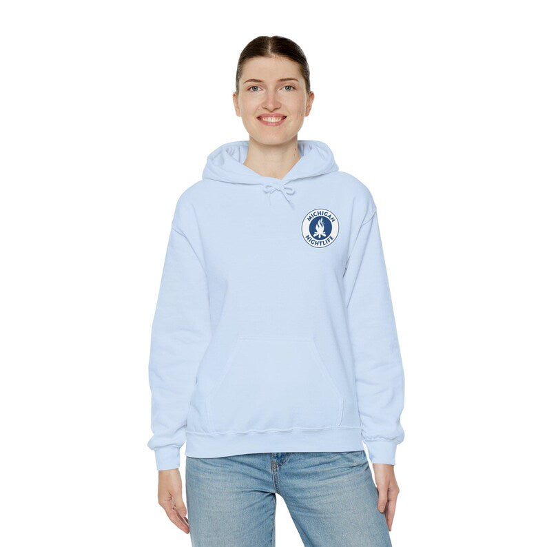 Michigan Nightlife logo Hoodie | Campfire emblem pullover sweatshirt