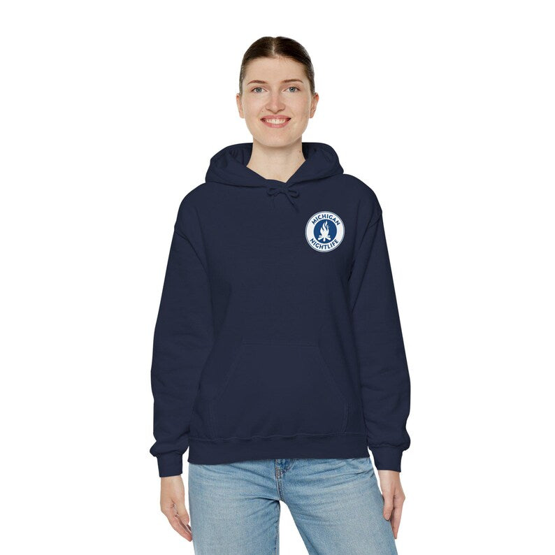 Michigan Nightlife logo Hoodie | Campfire emblem pullover sweatshirt