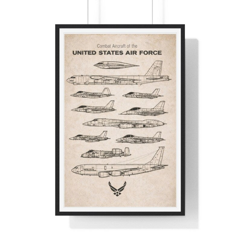 United States Air Force Combat Aircraft Poster Vertical Framed Poster | Vintage Jet Blueprint