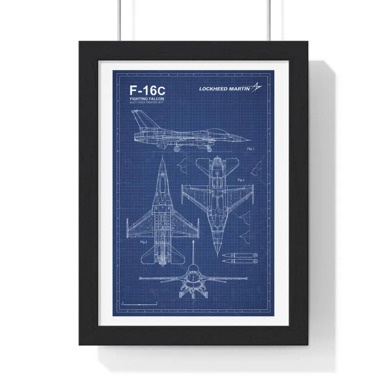 F-16C Fighting Falcon Blueprint Wall Art – Framed Aviation Print | Military Jet Decor | Pilot Gift |