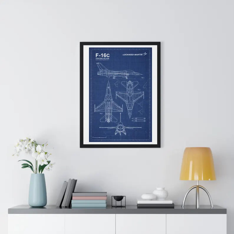 F-16C Fighting Falcon Blueprint Wall Art – Framed Aviation Print | Military Jet Decor | Pilot Gift |
