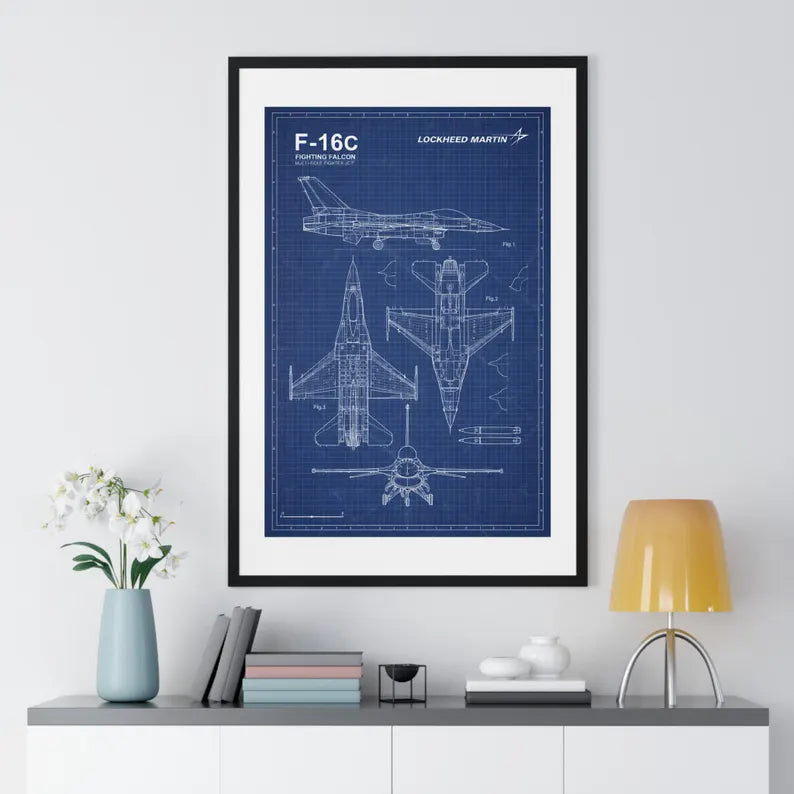 F-16C Fighting Falcon Blueprint Wall Art – Framed Aviation Print | Military Jet Decor | Pilot Gift |