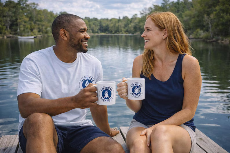 Michigan Nightlife Coffee Mug – Lake Michigan Campfire, Petoskey Gift, 15oz