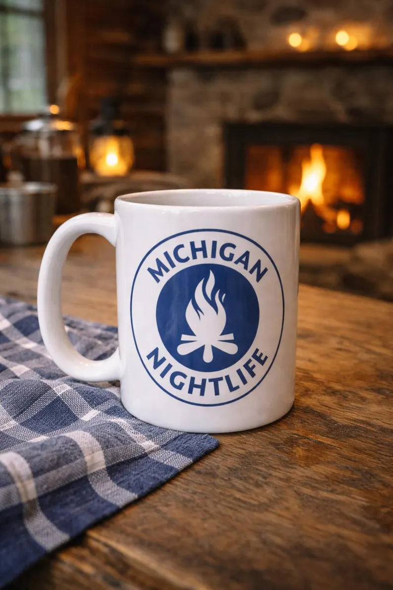 Michigan Nightlife Coffee Mug – Lake Michigan Campfire, Petoskey Gift, 15oz
