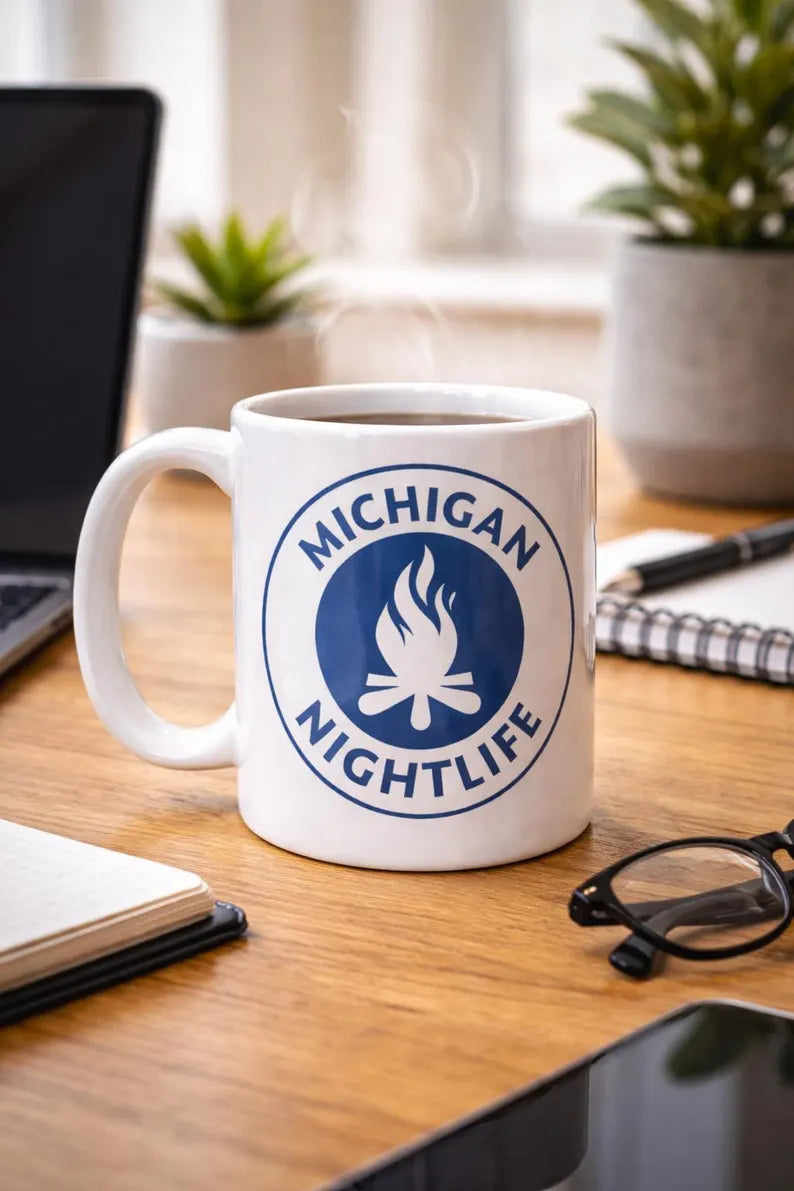 Michigan Nightlife Coffee Mug – Lake Michigan Campfire, Petoskey Gift, 15oz