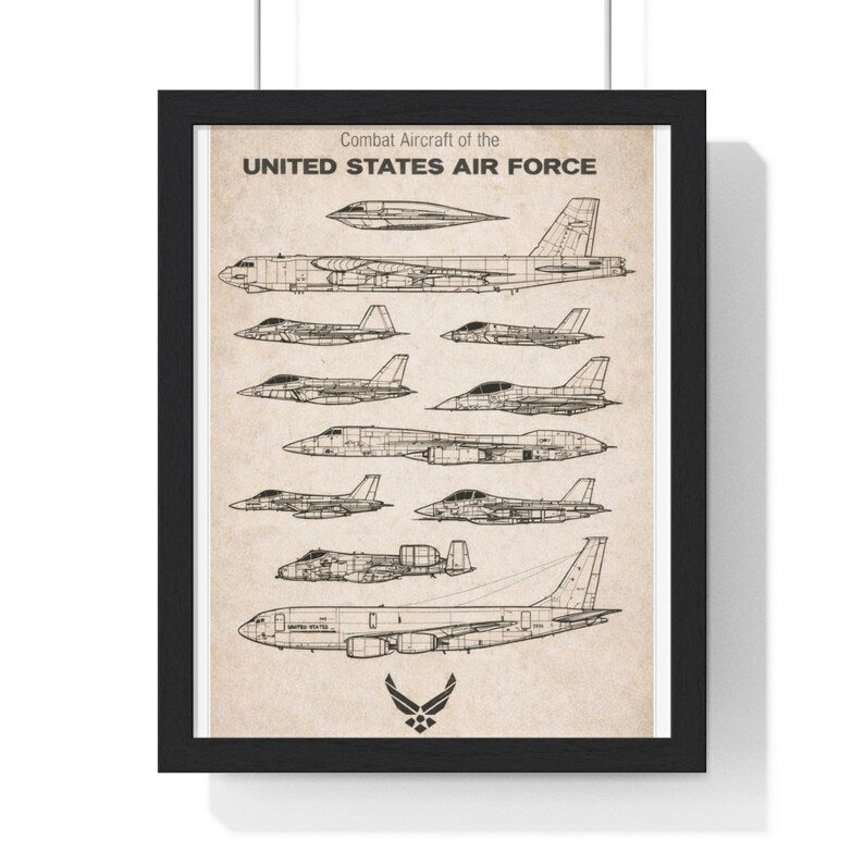 United States Air Force Combat Aircraft Poster Vertical Framed Poster | Vintage Jet Blueprint