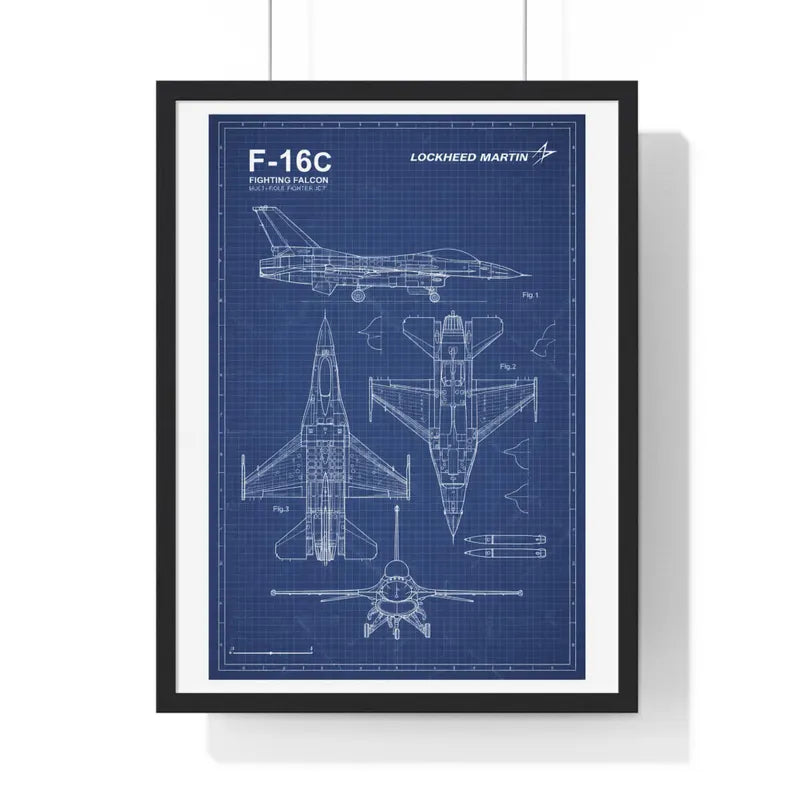 F-16C Fighting Falcon Blueprint Wall Art – Framed Aviation Print | Military Jet Decor | Pilot Gift |