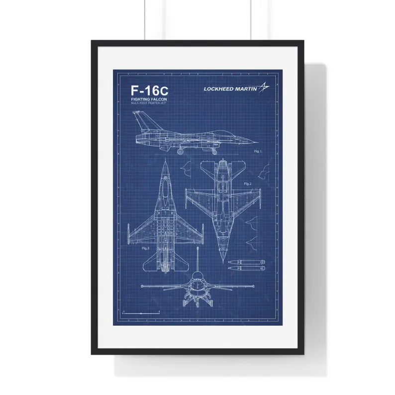 F-16C Fighting Falcon Blueprint Wall Art – Framed Aviation Print | Military Jet Decor | Pilot Gift |
