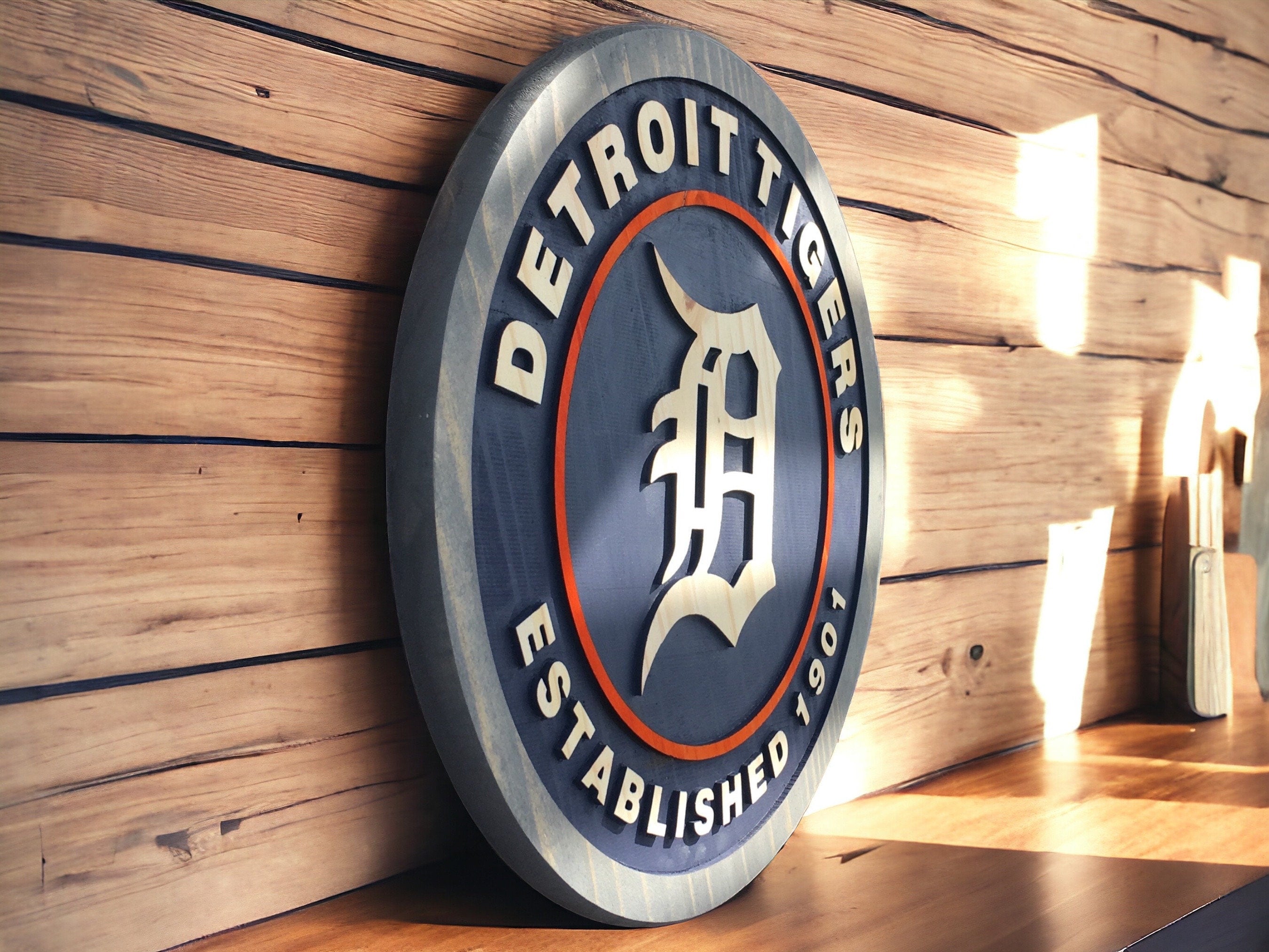 Detroit Tigers wood sign carved detail