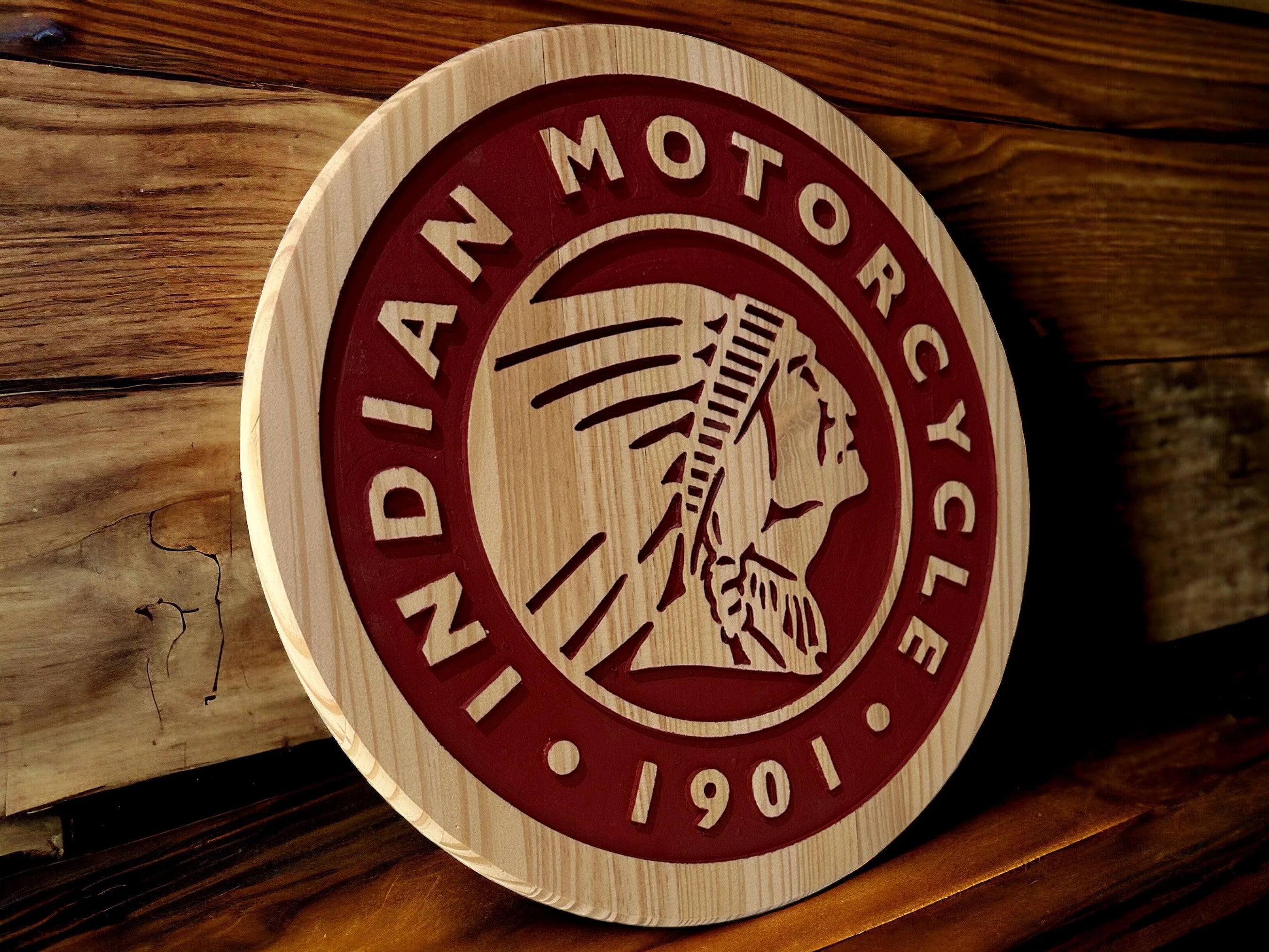 Indiana Motorcycle Wood Sign – Hand Carved Garage Wall Art